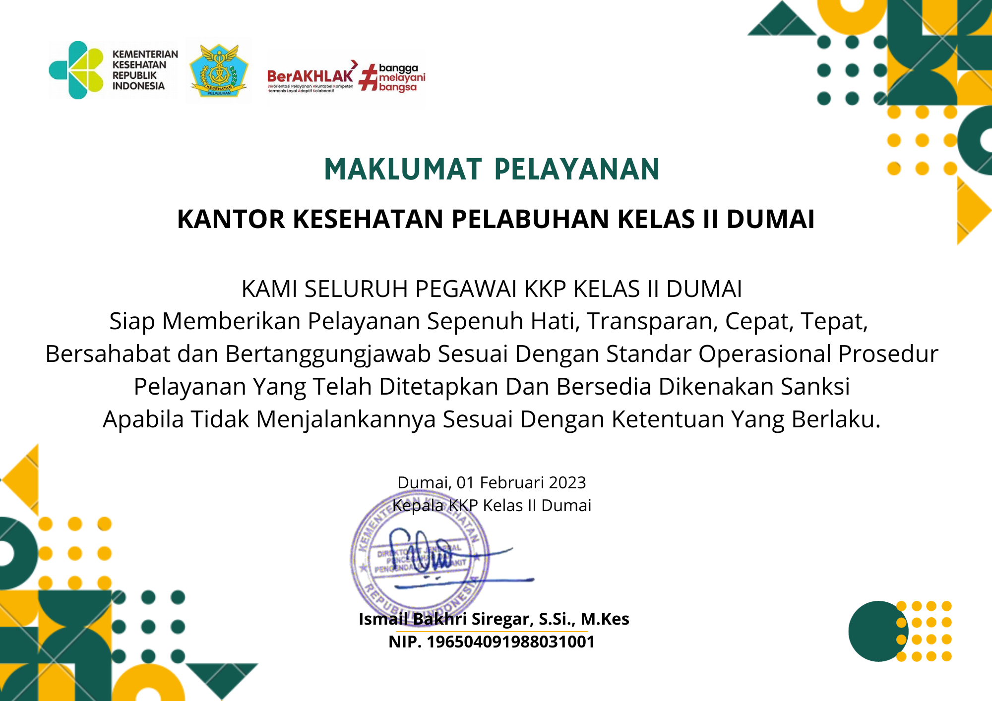 Maklumat Pelayanan KKP Kelas II Dumai Tahun 2023