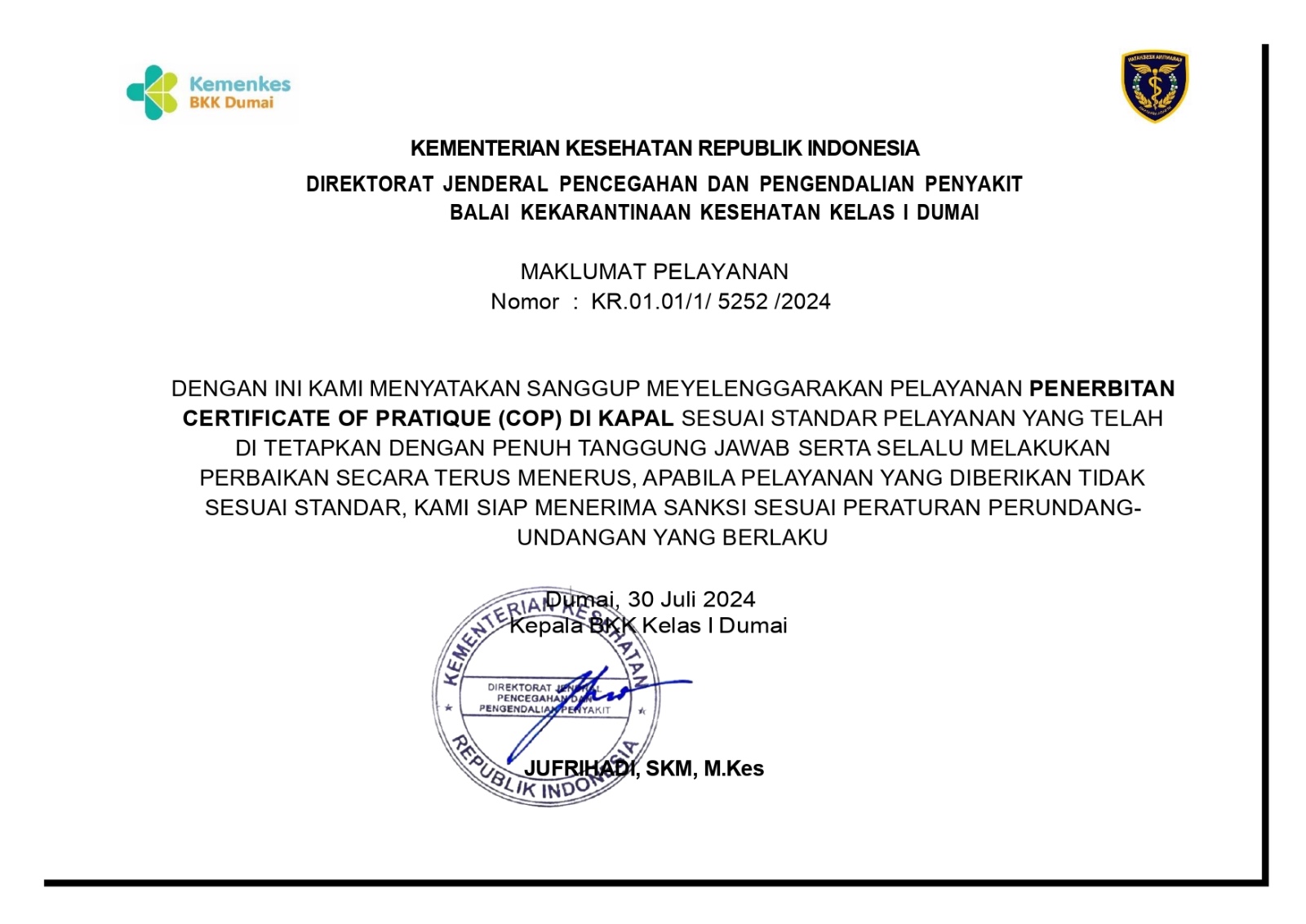 14 Standar Pelayanan Balai Kekarantinaan Kesehatan Kelas I Dumai